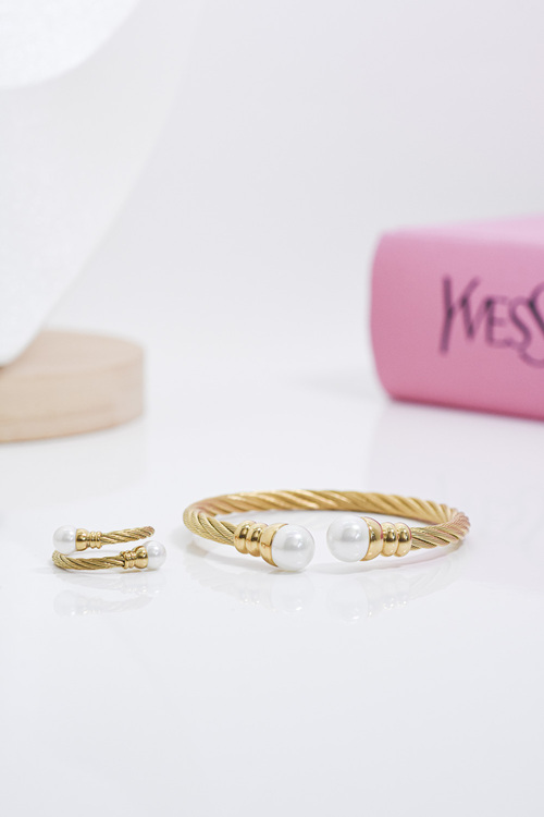 Σετ Ατσάλινο Βραχιόλι και Δαχτυλίδι  με Άσπρη  Πετρα - ΧΡΥΣΟ