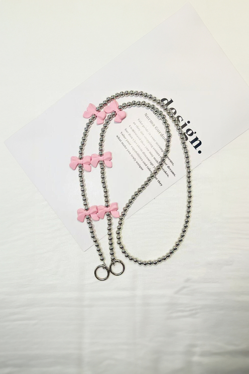 Ασημί Αλυσίδα Κινητού με Ροζ Φιογκάκια - ΑΣΗΜΙ