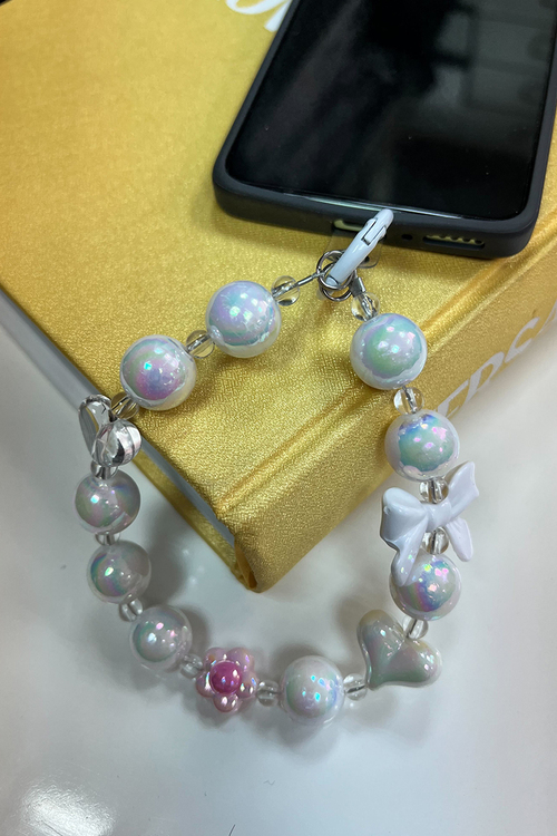 Ιριδίζον Μπρελόκ Κινητού με Φιογκάκι & Λουλούδια - ΑΣΠΡΟ