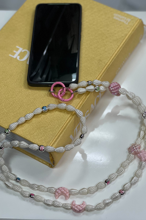 Αλυσίδα Κινητού με Λεπτομέρειες Σελήνης & Πέρλες  - ΑΣΠΡΟ/ΡΟΖ