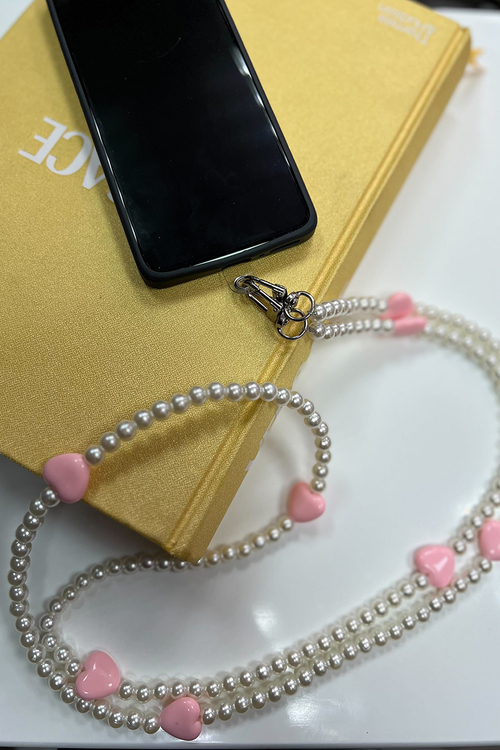 Ρομαντική Αλυσίδα Κινητού με Πέρλες & Ροζ Καρδιές - ΑΣΠΡΟ